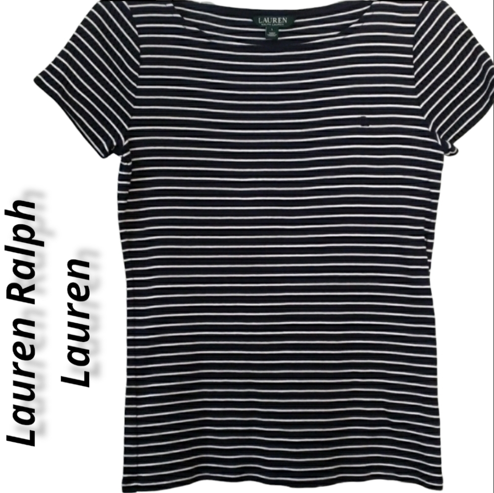 Lauren Ralph Lauren Cotton Tee Short Sleeve Navy & White S/M see measurents